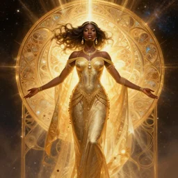 black african princess, warm volumetric lighting, cosmic, symmetric, highly detailed, elegant, concept art, heavenly, god rays, glowing aura, intricate, sharp focus, illustration, alexandros pyromallis, bouguereau, rutkowski, artgerm, alphonse mucha, giger