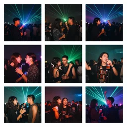 two friends partying at an alternative concert with drinks and lasers, crowd in the back, photo collage