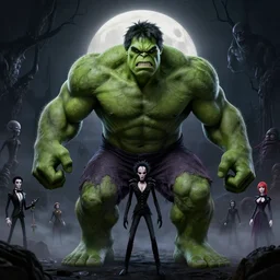full shot portrait of angry darkness Hulk at moonlight, inspired by Tim Burton, Norihiro Yagi, Marc Simonetti, Amano, Juri Misaki, Giger, darkness background, detailed, unreal engine 4k volumetric light, fog, dark green color palette
