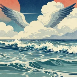 clouds and wings and waves, An aesthetically pleasing, dynamic, energetic, lively, well-designed digital art of a beach, ripples, waves, sea foam, light and shadow, ocean caustics, overlaid with aizome patterns, by Ohara Koson and Thomas Kinkade, traditional Japanese colors, superior quality, masterpiece