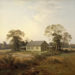 A serene landscape with a singular building in the style of Asher Brown Durand.