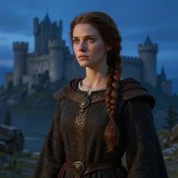 portrait of a commoner, cloth, blue hour, solemn, dungeons and dragons character, dramatic lighting, female, brown hair, celtic braid, castle background, gorgeous view, realistic, high detail, digital art, painted by greg rutkowski, painted by jeremy mann, painted by alphonse mucha, trending on artstation
