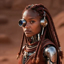 futuristic himba young woman, glowing mechanical eye camera, mechanical limbs, cybernetic dreadlocks, realistic concept art, dramatic lighting, intricate, depth of field, upper body, terracota colors