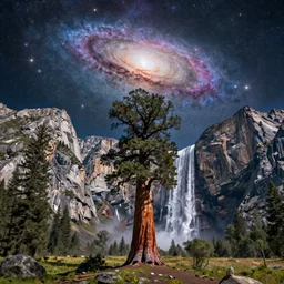 gediminas pranckevicius an landscape view, superb epic sky, galaxies and star in the sky, immense waterfall, giant sequoia, massive mountains, epic composition, 4 k, detailed, realistic