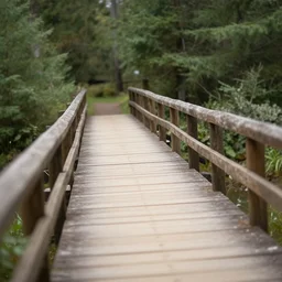a wooden bridge in the middle of a forest, a tilt shift photo by johannes mytens, unsplash contest winner, naturalism, photo taken with ektachrome, creative commons attribution, depth of field