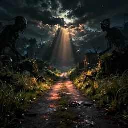 scary street in the night covered with darkness a mystical creepy road, cinematic view, epic sky, detailed, concept art, low angle, high detail, warm lighting, volumetric, godrays, vivid, beautiful, trending on artstation, by jordan grimmer, huge scene, grass, art greg rutkowski