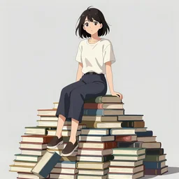 a woman sitting on top of a pile of books, a character portrait by kiyohara tama, featured on pixiv, remodernism, official art, whimsical, anime