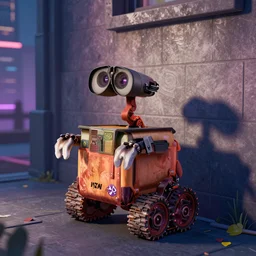 dog and wall - e in cyberpunk city