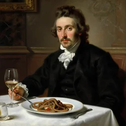 baroque oil painting handsome aristocrat in elegant black suit in a restaurant, dish with cooked sandworm from dune on a plate, painted by greg rutkowski cushart krentz jeremy mann, wine glass, marble interior, close up shot, soft lighting, dark color scheme, white tablecloth, baroque style, volumetric lighting, photo realistic, highly detailed