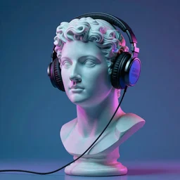 a roman bust wearing headphones listening to music, in the stule of vaporwave
