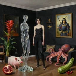 realistic painting of a luxurious female artist's apartment, black dripping walls, tall emo girl, glass sculpture, a pig, a samurai, paintings on black walls, pomegranate, bromeliads, tusks, octopus, a courgette, berries, zen, sensual, surrealist painting by magritte and rousseau and kahlo