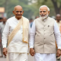 a portrait of gandhi and modi walking whilst holding hands, highly detailed, trending on artstation, bokeh, 9 0 mm, f / 1. 4