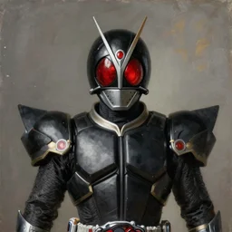 a realistic painting by Raffaello Sanzi depicting the Kamen Rider Black with the head of the symbiotic Riot in the Renaissance,smooth,Sharp focus, trending on Artstation.
