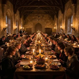 the dining hall of hogwarts with a feast for hundreds of people. candles, warm ambient light, beautiful, stone walls, hot food, delicious, stone pillars along the walls