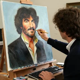 bob ross hitting a canvas with a keyboard