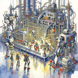 a beautiful insanely intricate watercolor illustration of robot making factory, reflexions, colorfull, by william turner art, by greg rutkowski, by james jean, by rossdraws, by frank franzzeta, by sakimichan, by edmund dulac, trending on artstation, insanely detailed, masterpiece,