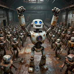 a deranged robot grinning and looking up with both fists raised high in triumph, standing in front of hundreds of robots inside a huge rusty dingy warehouse, raygun gothic, atomic punk, digital art, detailed octane render, high angle