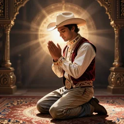 cowboy kneeling for prayer, persian folkore illustration