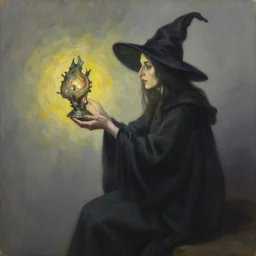a round witch stares at a strange artefact in her hands. she wear a long dark robe. painted by tony sandoval and oliver ledroit. oil painting.