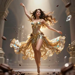 a beautiful female human god of coffee character, character is in all its glory, character is centered on the image, character is flying in natural pose, rim lights, highly detailed professional photo, dynamic lights, particles and crystals are flying, very deep depth of field, trending on artstation, illustration, hyper realistic, vray caustics, super detailed, colorful accents, cinematic shot