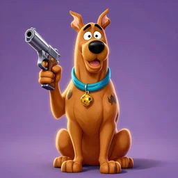 scooby doo holding a gun as comic cover art, full body scooby doo, symmetrical eyes, beautiful, rim lighting, vivid colors, no text, fur, dog