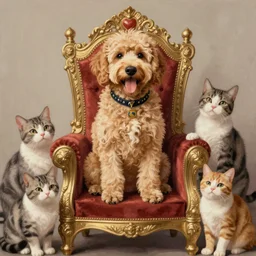 the labradoodle king of massachusetts sitting on his throne, surrounded by adoring cats, digital painting, 8 k, detailed