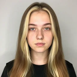 brunette with dyed blonde hair, 21 years old, 165 cm tall, long flat hair, blonde, green eyes, smaller nose, smaller mouth, round shaped face, big forehead, lop eared, thin eyebrows, real life photograph