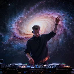 Man djing under the galaxy, digital art, artstation, hyperrealistic, 4k, unreal engine, octane render, trending on artstation, art by Artgerm and Greg Rutkowski and Alphonse Mucha