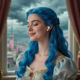 close up portrait in front of window of queen with air pods, vibing, regal dress, soft smile, blue long haired elegant model, female, eyes closed, by greg rutkowski, storm clouds, in fantasy city, teal and pink color palette, annie liebovitz, preraphaelite, detailed c