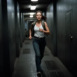 Ridley Scott cinematic scene from Alien movie with Ripley running in a corridor, low light, dark, grainy, 35 mm, realistic, Panavision PSR R-200