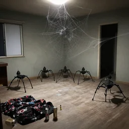 home for eight legged lads, unfurnished house, spiderwebs, beer cans, blanket and vape on floor