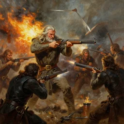 gandalf firing a shotgun in battle, oil painting, war photo, anger, fire, dramatic, very detailed, 4k, by Jeffrey Smith and Erin Hanson and Chad Knight