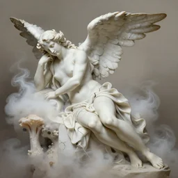 realistic digital painting of a stunning intricate cracked white marble falling angel with face of piero angela tired bernini sculpture, trailing white vapor, mycelium stands and misty xparticles neutral tone background, trending on artstation, hyperrealism, matte painting, subsurface scattering