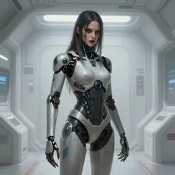 concept art by greg rutkowski, female cyborg in a room from the spaceship, high tech and futuristic white walled environment, unnatural lighting, uncanny atmosphere, frightening and creepy atmosphere, scifi, highly detailed portrait, digital painting, artstation, concept art, smooth, sharp foccus ilustration, artstation hq