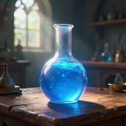 striking digital art of a mana potion, glowing blue liquid in a glass flask, dramatic light, background = alchemist\'s workshop, god rays, wood table, medieval, lighting shining through a window, magic in the air, vibrant colors, trending on artstation