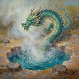 oil painting of a dragon emerging from a hotspring