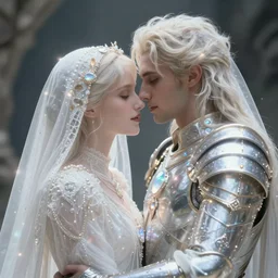 hyper realistic zoomed in portrait of soft love, mercury, energy, wearing magical armor painted, fully clothed, white veil, slight glow, magical, opal, ethereal,, transcendence, peace, love happiness, harmory, by greg rutkowski, scott m fischer, slight glow, atmospheric, anne stokes, alexandros pyromallis, masterpiece