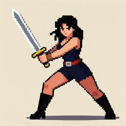 a pixel art picture of a woman holding a sword, pixel art by lichtenstein, polycount contest winner, pixel art, 2 d game art, dynamic pose, # pixelart