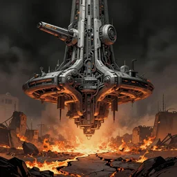 comic book illustration, wide view of a very tall structure hovering 10 feet above the ground, the ground below it is scorched and cracked, cyberpunk concept art by Syd Mead, highly detailed, intricate, sci-fi, sharp focus, Trending on Artstation HQ, deviantart