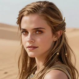 Emma Watson as a dune princess, sci-fi, amber eyes, face, long hair, fantasy, intricate, elegant, highly detailed, digital painting, artstation, concept art, smooth, sharp focus, illustration, art by artgerm and greg rutkowski and alphonse mucha