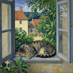 sleeping cat on window, inside house in village, plants, divisionism and cloisonnism style