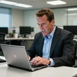arnold schwarzenegger as conan the barbarian sitting at a desk, as an office worker, in an office, inside an office building, sitting at a desk, angrily shouting at a laptop, angry at laptop, laptop computer, computer trouble, technical difficulties, software error, crisp lighting, corporate photography