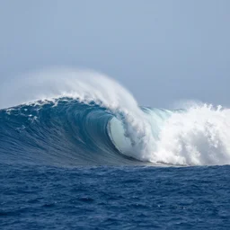 sailing ship facing the biggest wave on the middle of the ocean, photograph