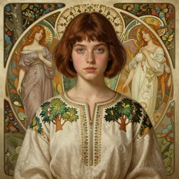 symmetry portrait of welsh brunette student in mans tunic, embroidery, trees, tomboy, short hair, intricate forest background, intricate, elegant, highly detailed, digital painting, artstation, concept art, smooth, sharp focus, illustration, art by artgerm and greg rutkowski and fra angelico and alphons mucha