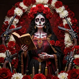 masterpiece of Santa muerte with a book in her hand and surrounded by red and white flowers guns and ammunitions offered by devotees, no crop, digital visionary art, extremely high detail, post processed,