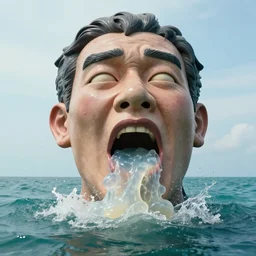 a massive hilarious sculpture of a surreal distorted human face vomiting jelly on the ocean water, in the style of johnson tsang, funny sculpture, lucid dream series, cinematic, hyper - realistic, very detailed, realistic water splashes, ray tracing, 8 k resolution, long - shot, sharp focus, low angle, 8 5 mm photograph, wide lens