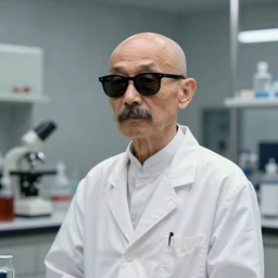 asian old skinny scientist, bald, big moustache, black sunglasses, white gown, laboratory, intricate, elegant, digital painting, highly detailed, artstation, sharp focus, concept art, illustration, artgerm, aleksi briclot, rutkowski