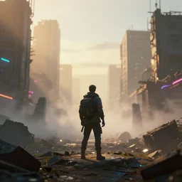 a 3 d render of a person standing in the ruins of an ancient city in the morning mist, cyberpunk with lights and electricity and neon, bokeh, canon 5 0 mm, cinematic lighting, volumetric light, octane, octane render, redshift render, golden hour