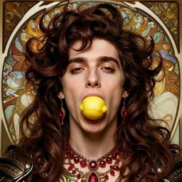 thom yorke sucking on a lemon, beauty close - up portrait, chocolate, opulent swirling hair, crimson jewellery, organic background, armor, art by wlop, peter morebacher, greg rutkowski, craig mullins, ruan jia, thomas kinkade, victor ngai, james jean, takato yamamoto, tomokazu matsuyama, alphonse mucha, unreal engine