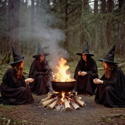 witches around a campfire with a huge cooking pot in an ominous forest, 1 9 0 0 s photography